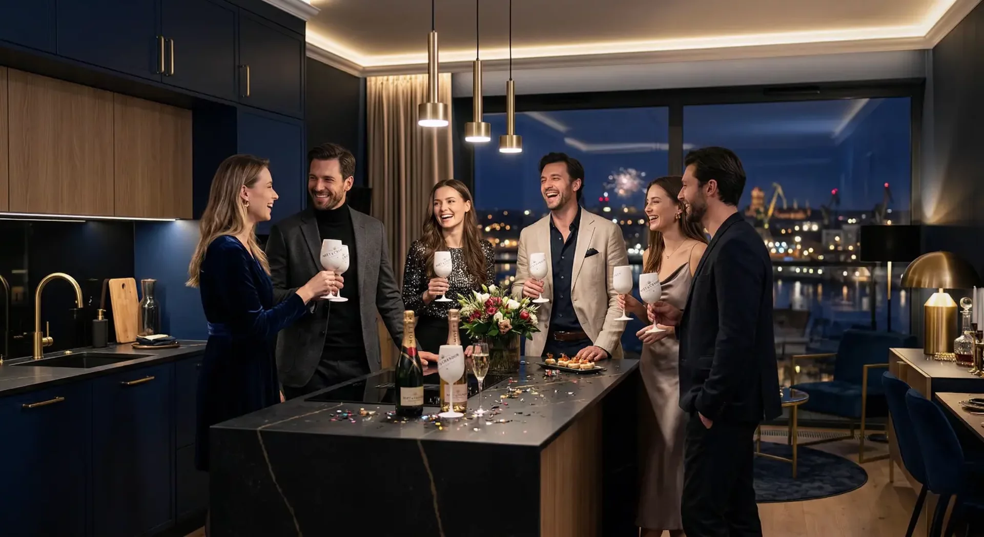 New Year’s Eve in an apartment with a city view